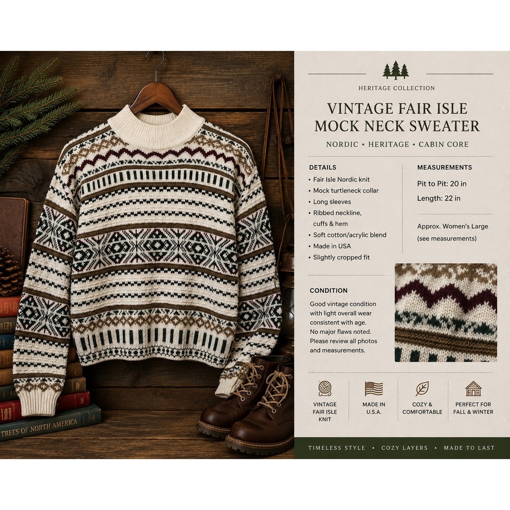 Vintage Fair Isle Mock Neck Sweater Womens Large Nordic Knit USA Made Cabincore